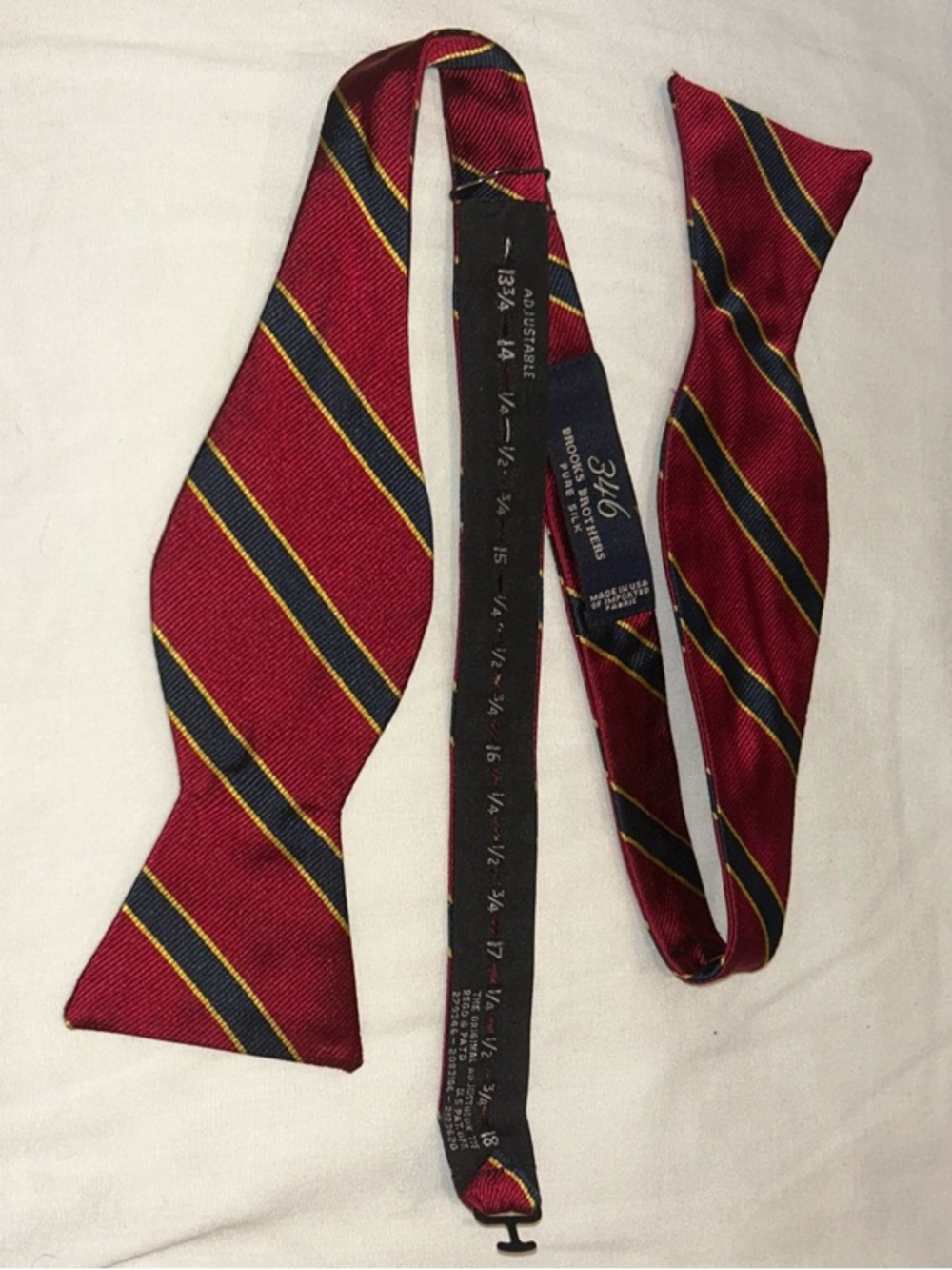 Brooks Brothers 346 Silk Self Tie Bow Tie Red Navy Gold Stripe Adjustolox USA